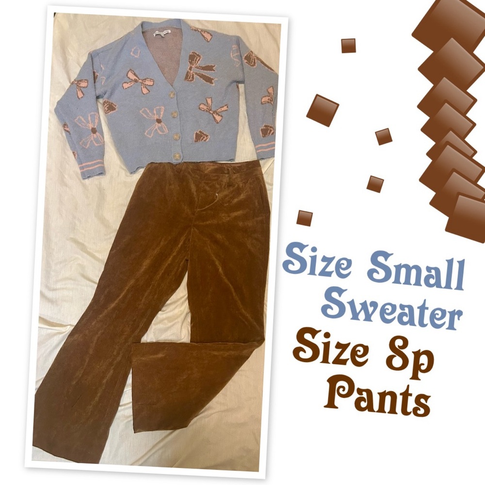 Celebrity Pink Blue Sweater with Brown Bows and Brown Pants